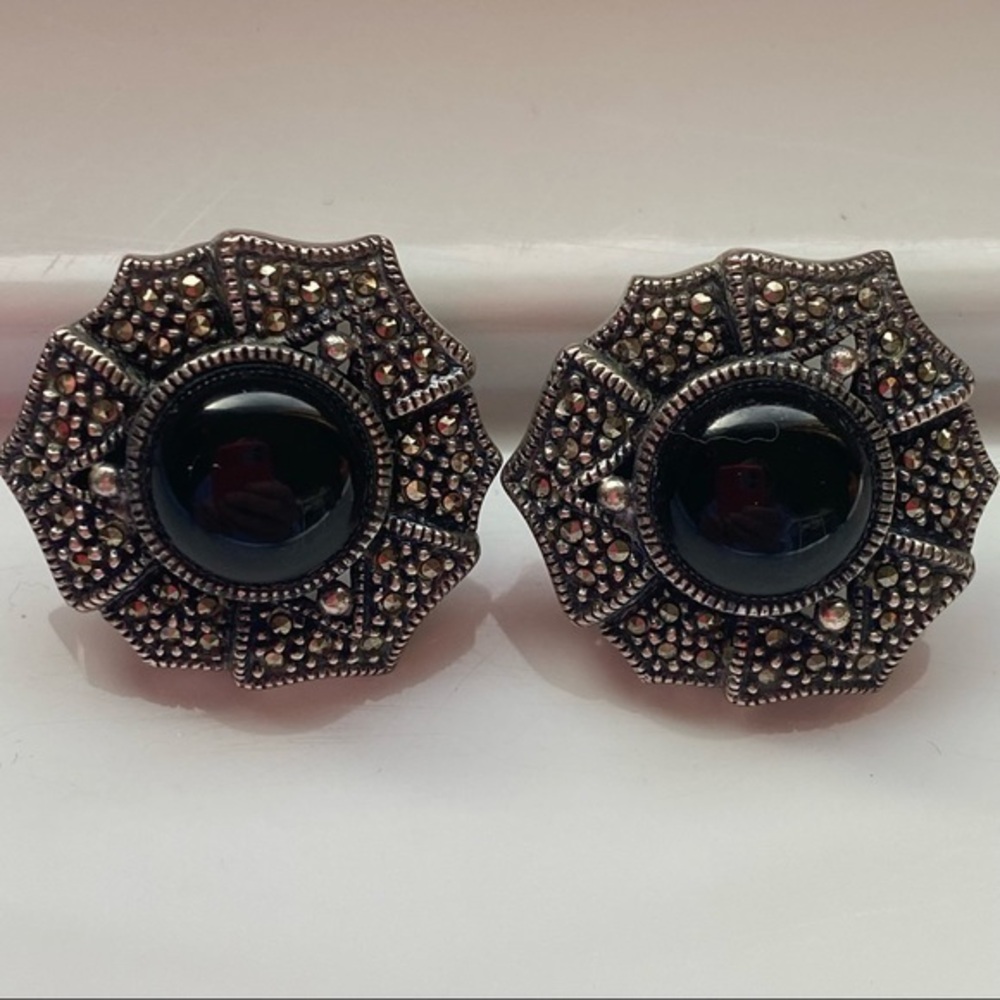 Judith Jack Sterling Silver Black Diamond Marcasite Onyx Button Earrings